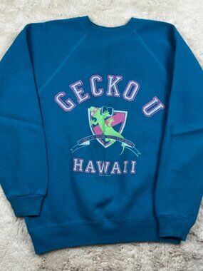 Vintage Gecko Hawaii U Pullover Sweatshirt USA M 38" Blue Long Sleeve 80s